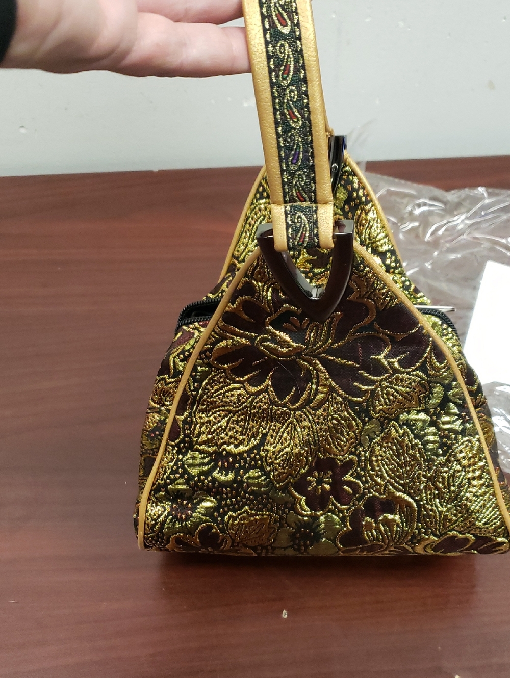 Gold Floral Brocade Handbag - Women's Evening Bag